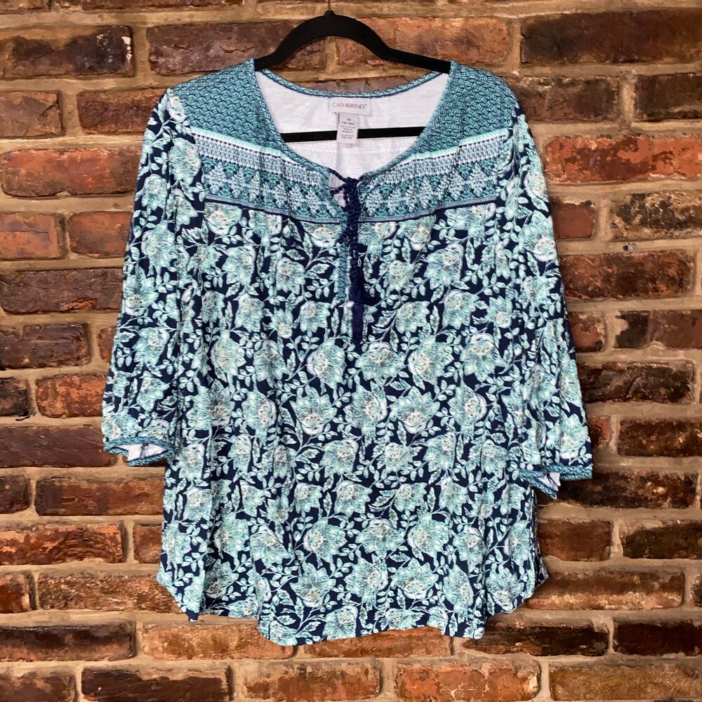 Catherines Blue Floral 3/4 Sleeve Tie Neck Top Blouse Women's Size 0X 14/16W